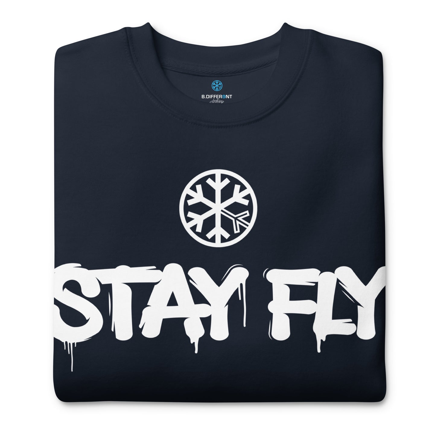 Navy-Stay Fly Graffiti Tag Sweatshirt from B.Different Clothing, folded, graffiti-inspired streetwear