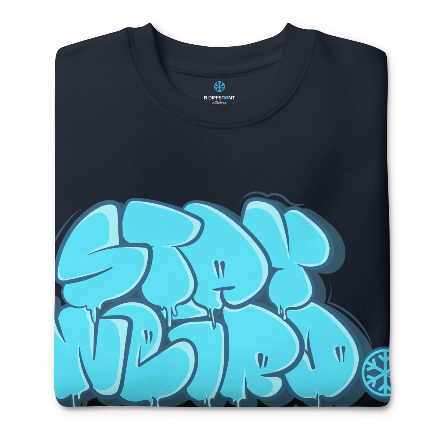Navy-Stay Weird Graffiti Throw-up Sweatshirt from B.Different Clothing, folded, graffiti-inspired streetwear