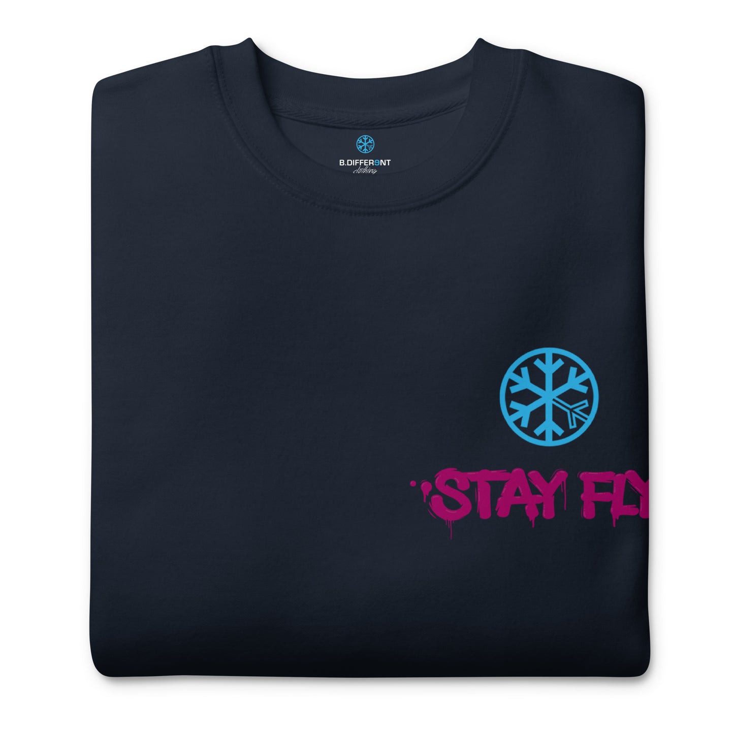 Navy-Stay Fly Graffiti Character Sweatshirt from B.Different Clothing, folded, graffiti-inspired streetwear