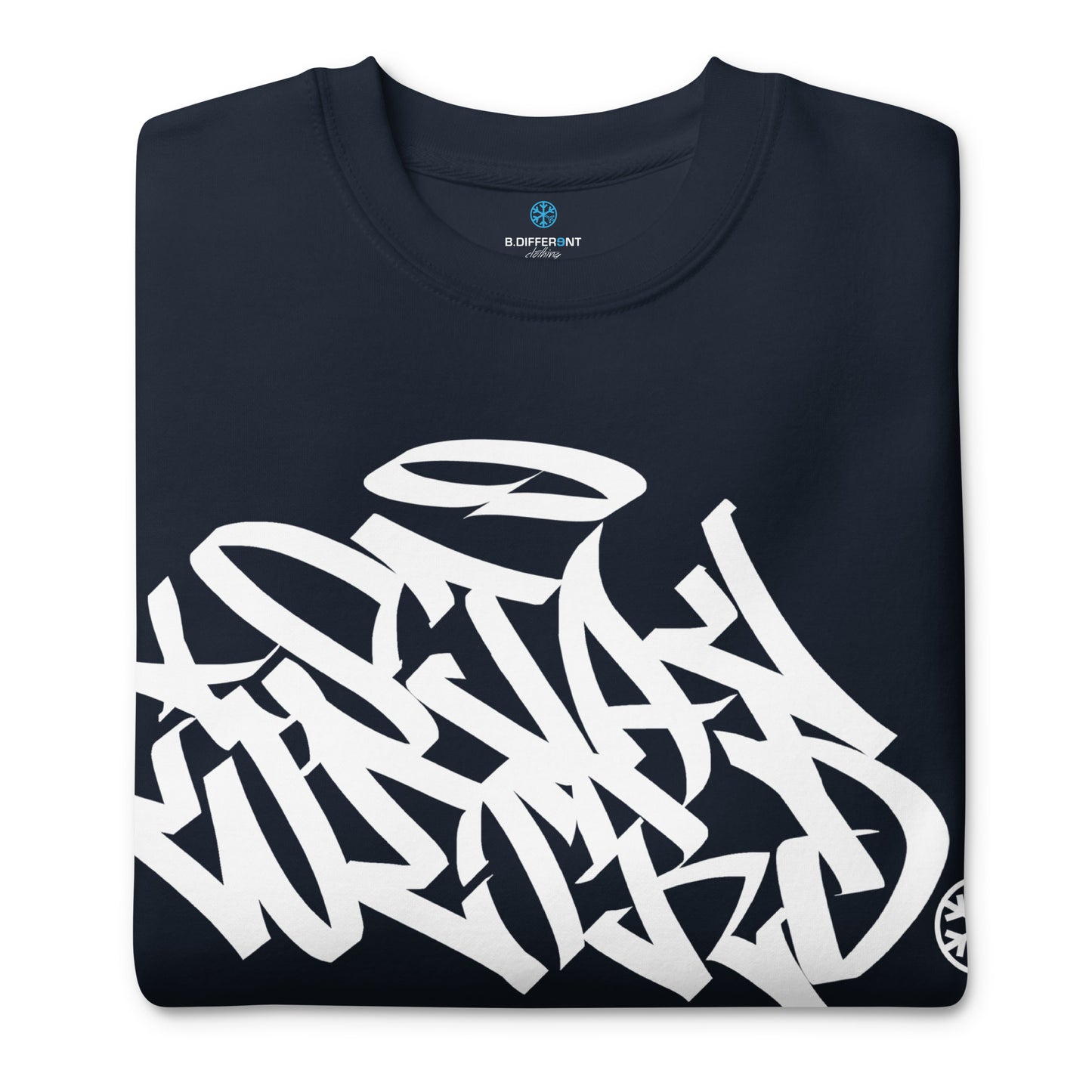 Navy-Stay Weird Graffiti Tag Sweatshirt from B.Different Clothing, folded, graffiti-inspired streetwear