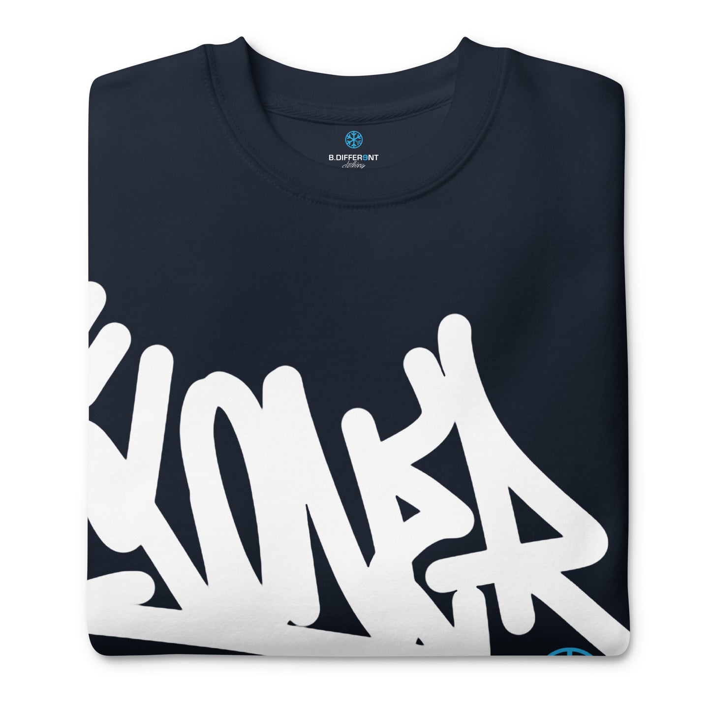 Navy-Loner Graffiti Tag Sweatshirt from B.Different Clothing, folded, graffiti-inspired streetwear