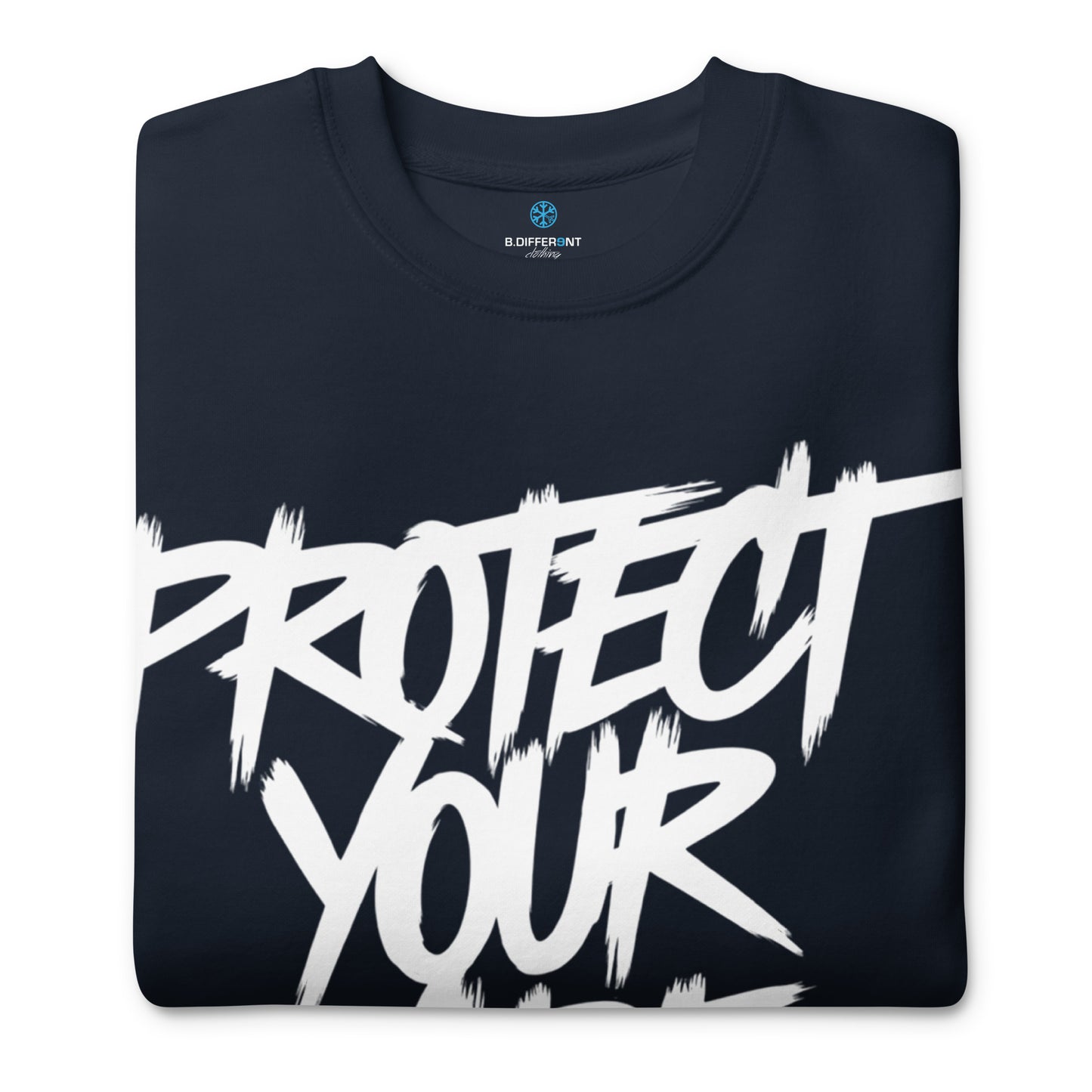 Navy-Protect Your Vibe Graffiti Tag Sweatshirt from B.Different Clothing, folded, graffiti-inspired streetwear