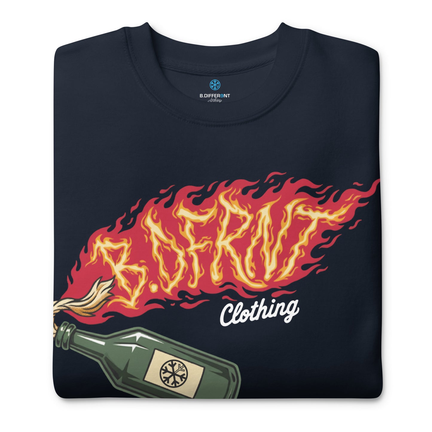 Navy-Molotov Graffiti Sweatshirt from B.Different Clothing, folded, graffiti-inspired streetwear