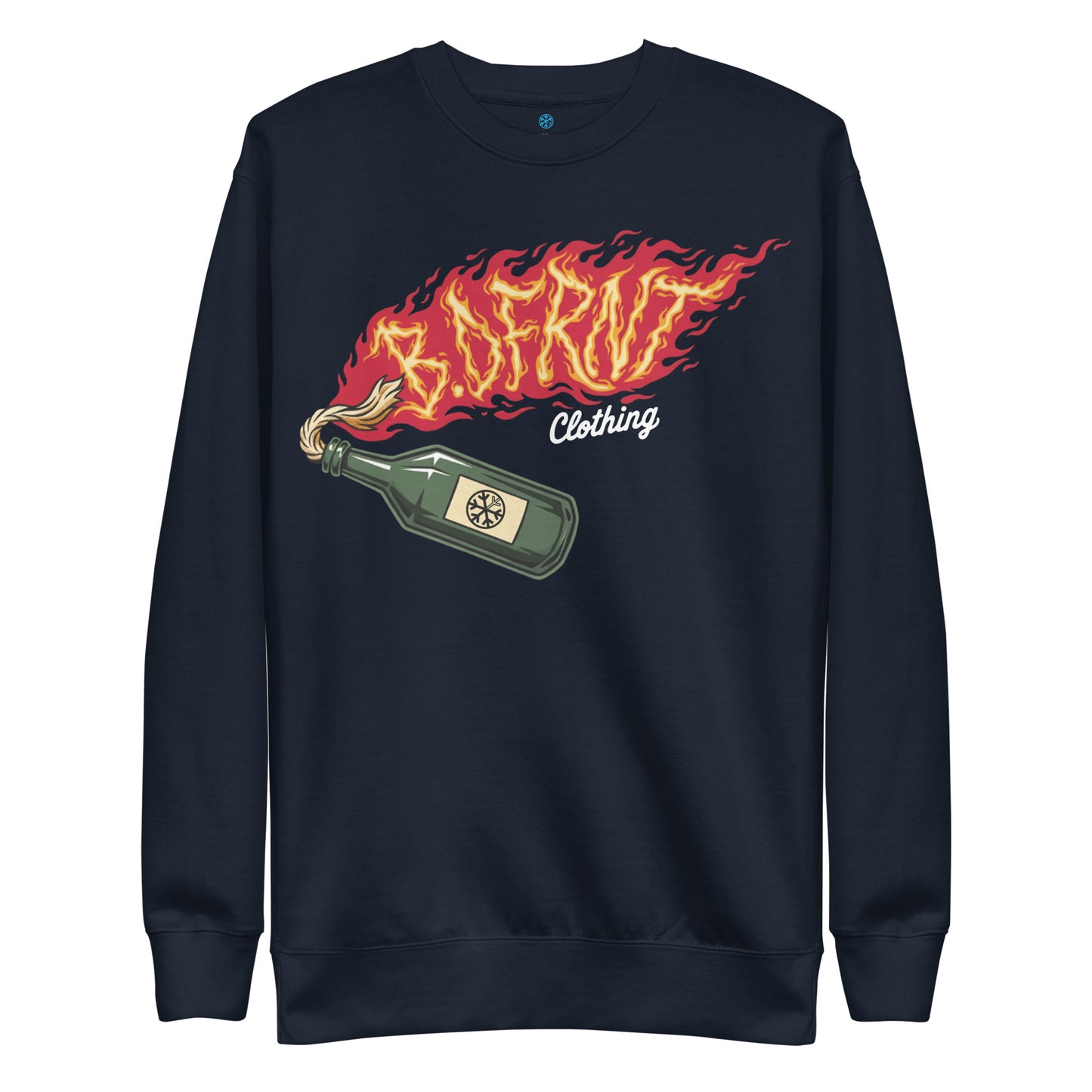 Navy-Molotov Graffiti Sweatshirt from B.Different Clothing, front view, graffiti-inspired streetwear