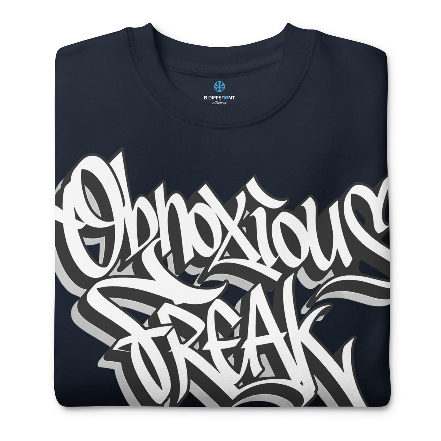 Navy-Obnoxious Freak Graffiti Sweatshirt from B.Different Clothing, folded, graffiti-inspired streetwear
