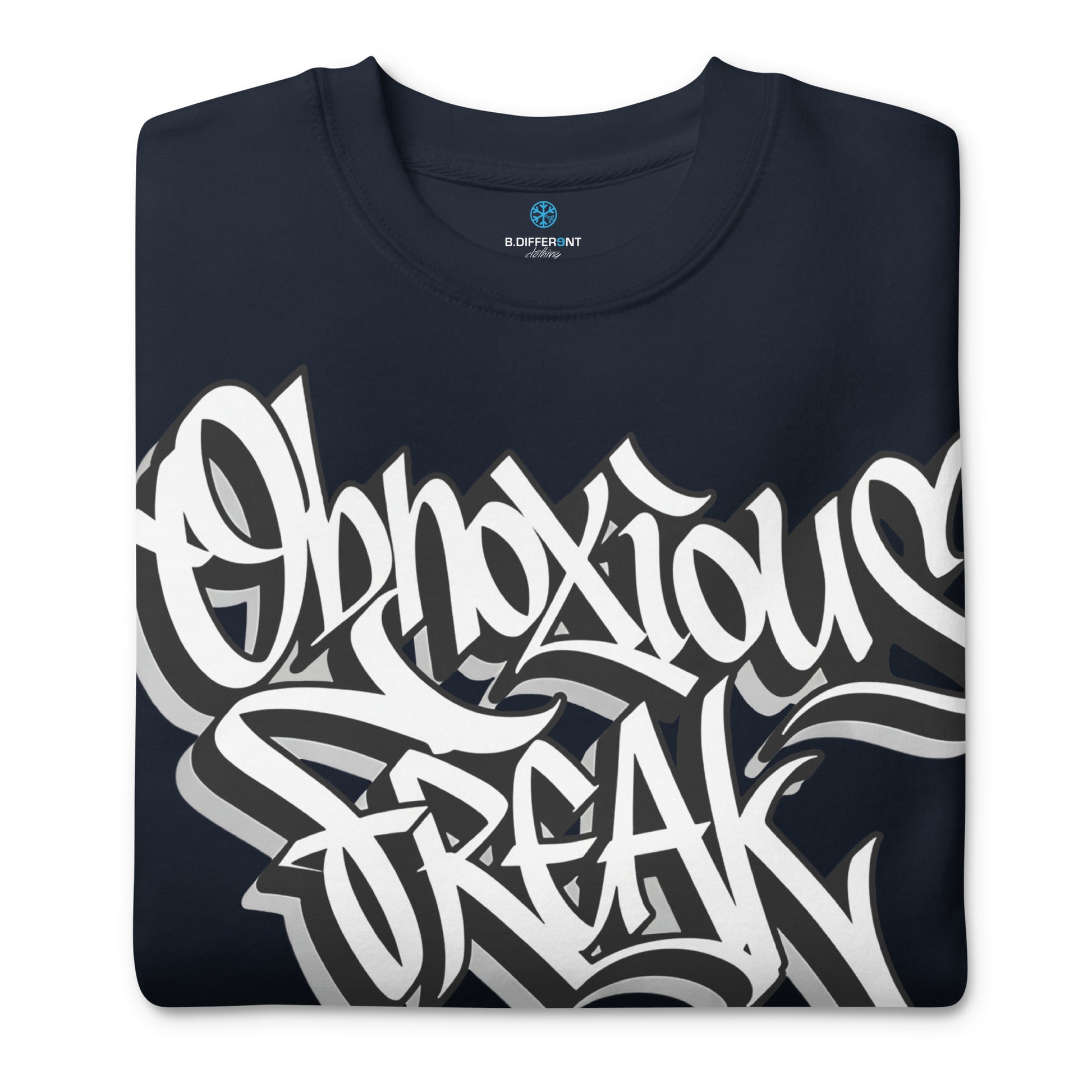 Navy-Obnoxious Freak Graffiti Sweatshirt from B.Different Clothing, folded, graffiti-inspired streetwear