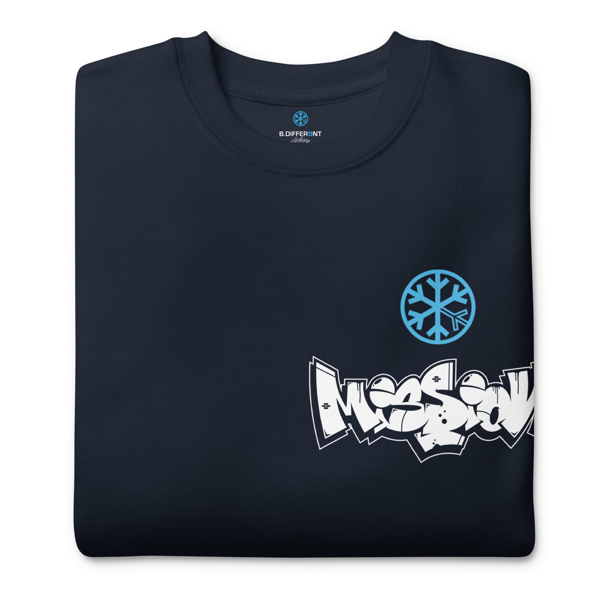Navy-Mission Graffiti Character Sweatshirt from B.Different Clothing, folded, graffiti-inspired streetwear