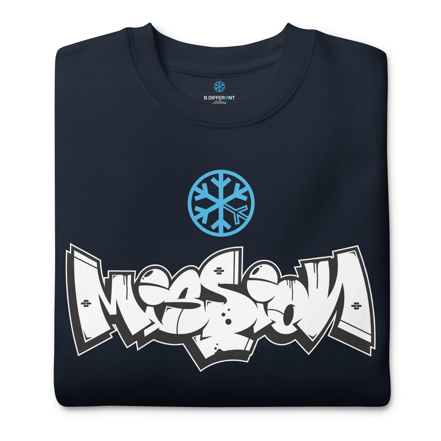 Navy-Mission Graffiti Piece Sweatshirt from B.Different Clothing, folded, graffiti-inspired streetwear