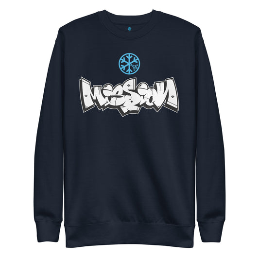 Navy-Mission Graffiti Piece Sweatshirt from B.Different Clothing, front view, graffiti-inspired streetwear