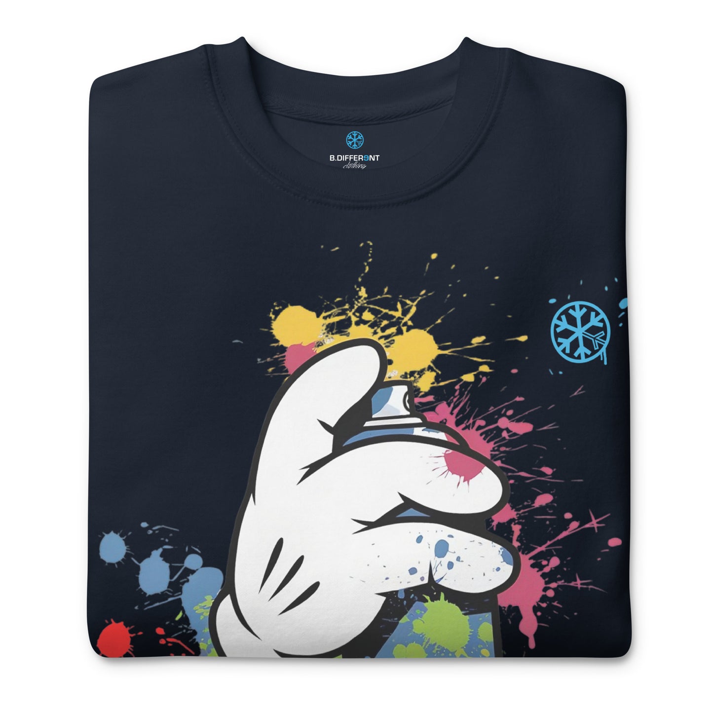 Navy-Hand Spray Can Graffiti Sweatshirt from B.Different Clothing, folded, graffiti-inspired streetwear