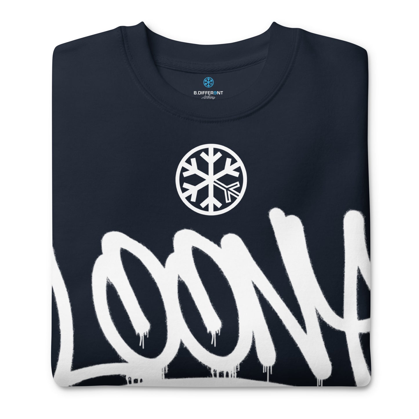 Navy-Loony Graffiti Tag Sweatshirt from B.Different Clothing, folded, graffiti-inspired streetwear