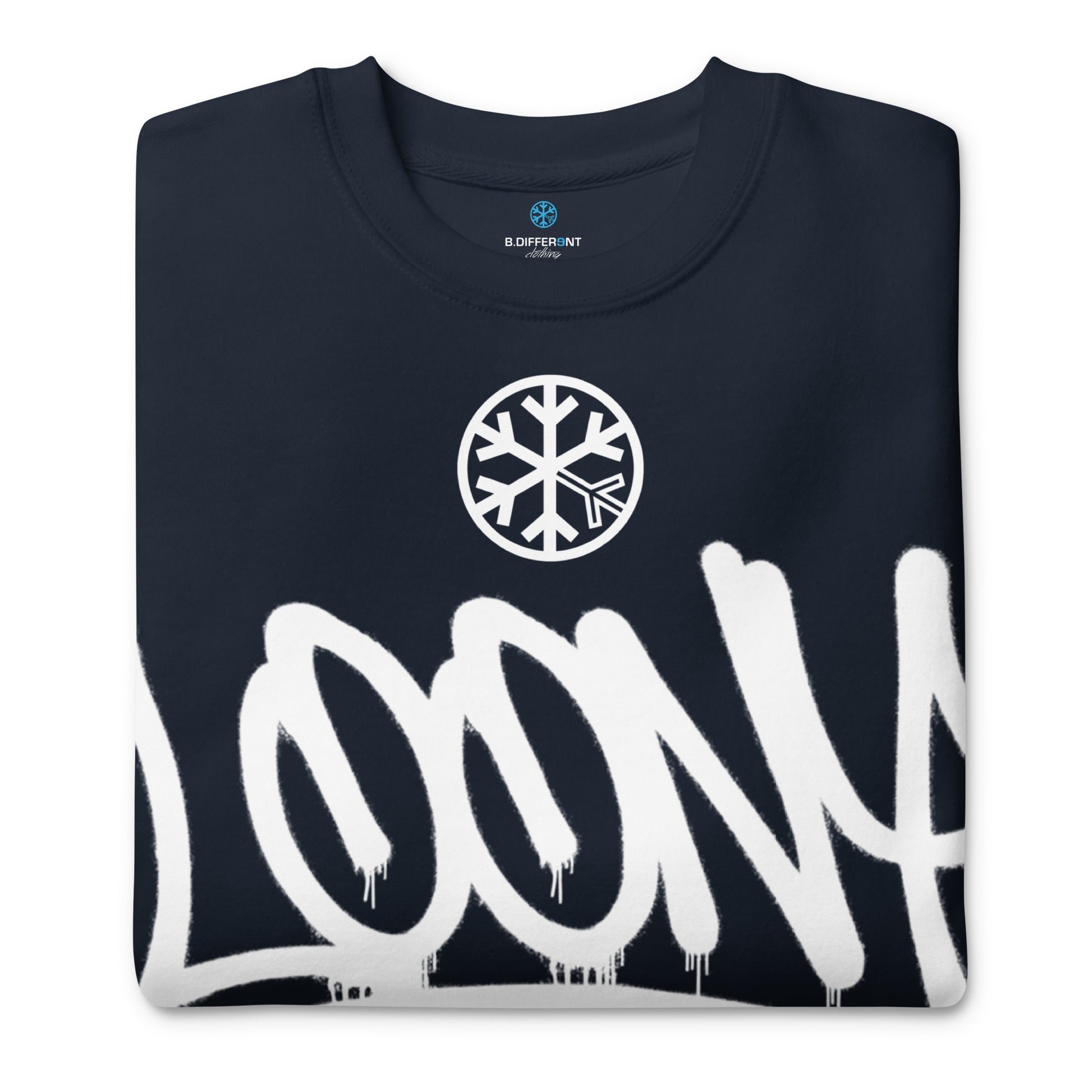 Navy-Loony Graffiti Tag Sweatshirt from B.Different Clothing, folded, graffiti-inspired streetwear