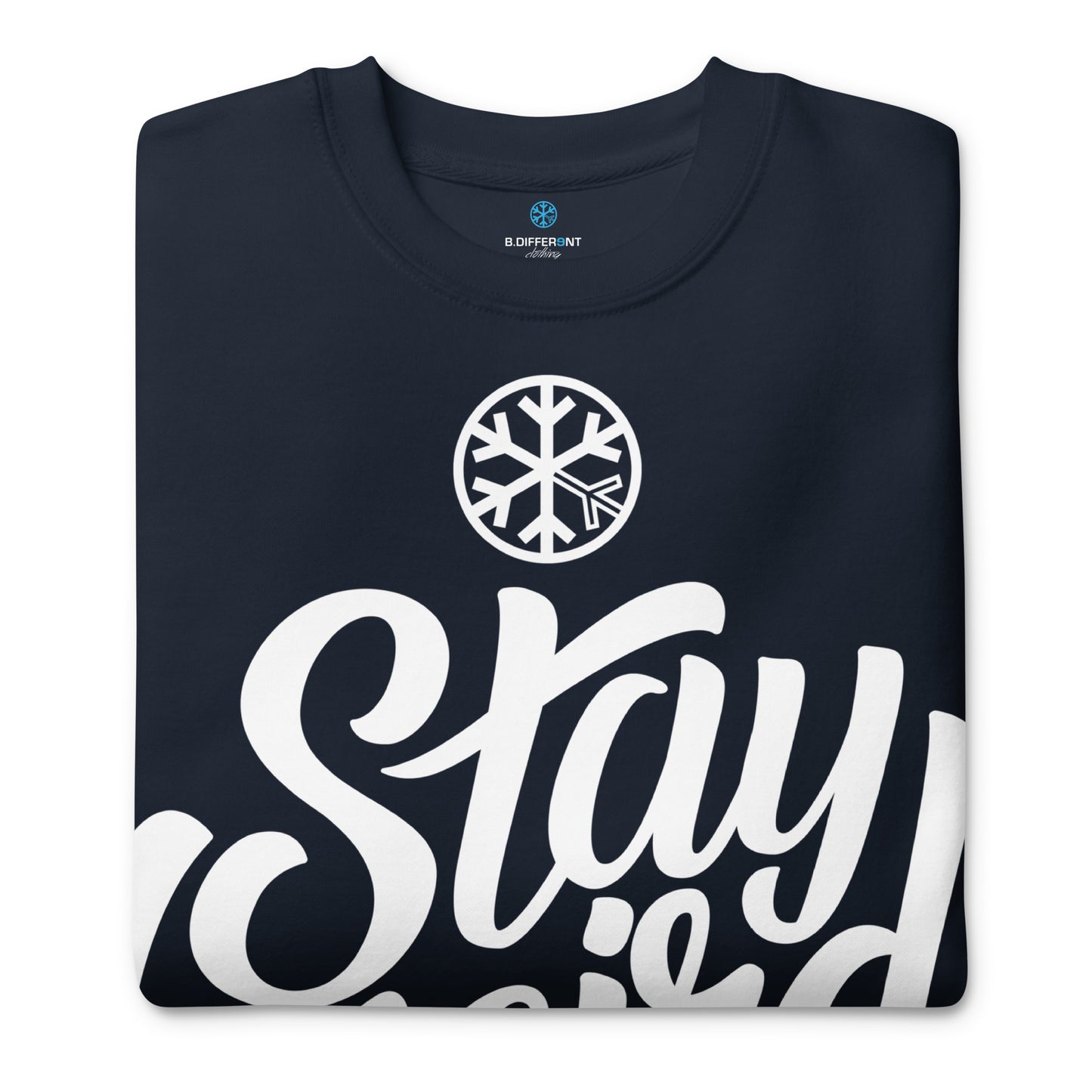 Navy-Stay Weird Sweatshirt from B.Different Clothing, folded, graffiti-inspired streetwear