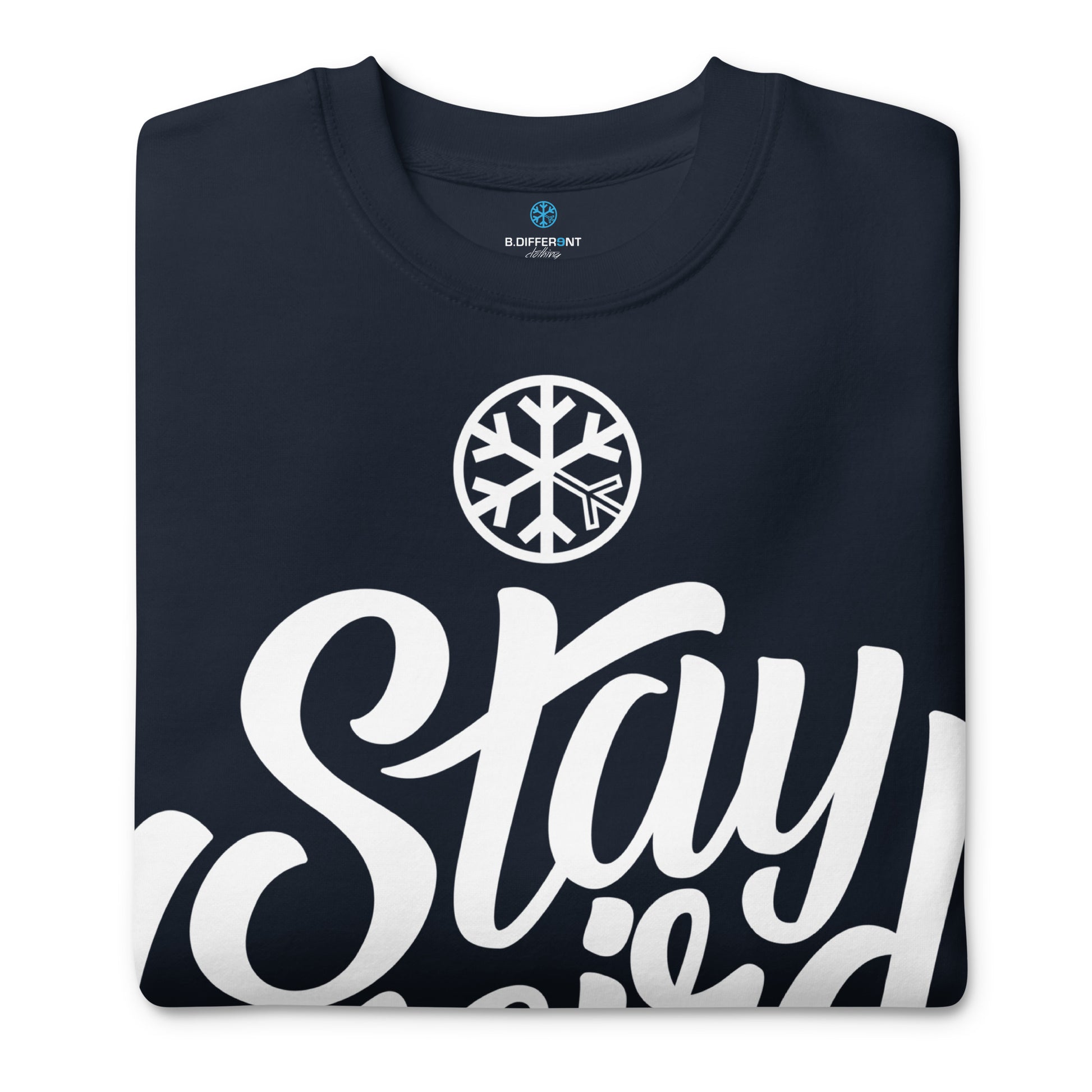 Navy-Stay Weird Sweatshirt from B.Different Clothing, folded, graffiti-inspired streetwear