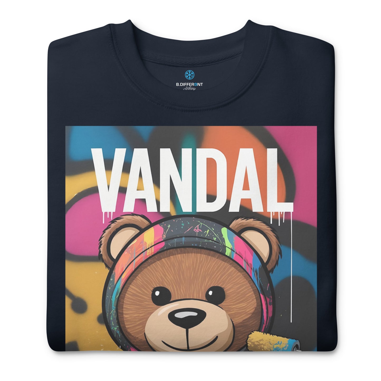 Navy-Vandal Teddy Bear Graffiti Sweatshirt from B.Different Clothing, folded, graffiti-inspired streetwear