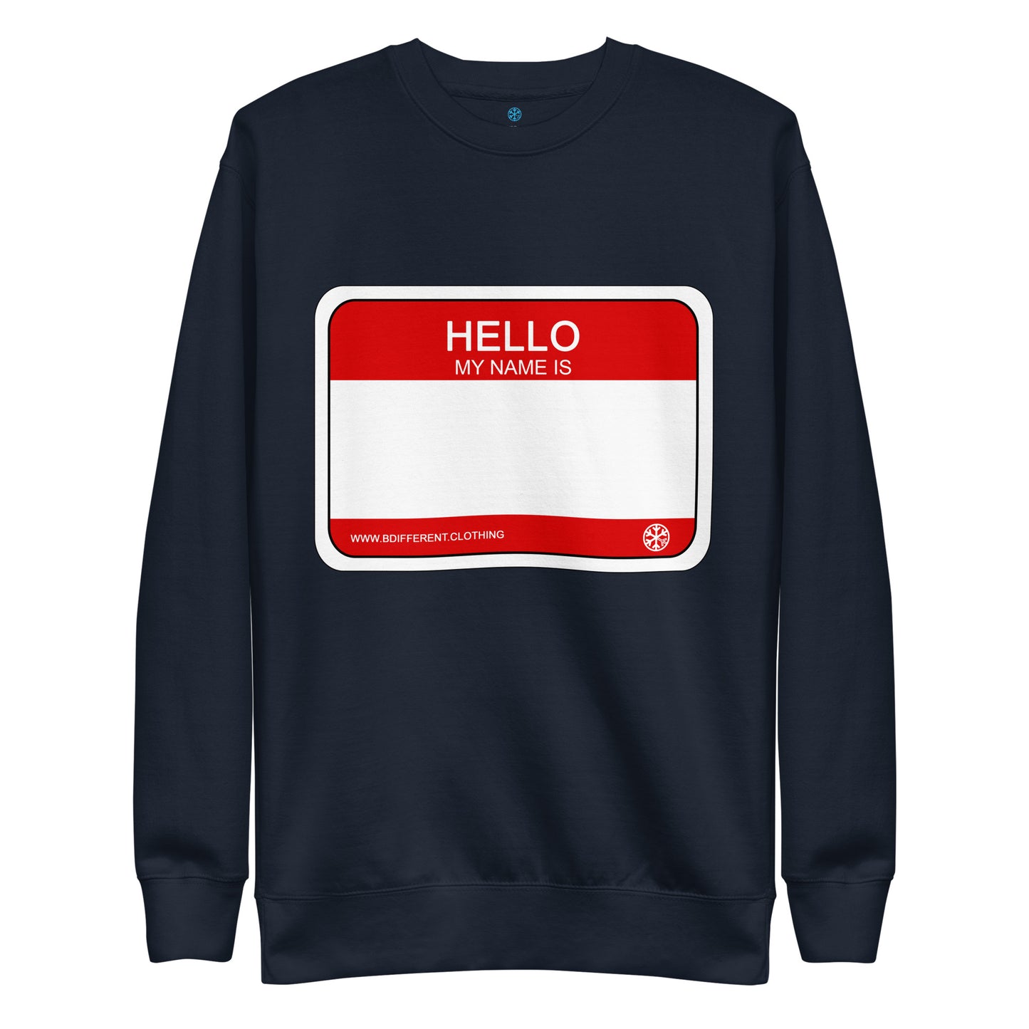 Navy-Hello My Name Is Sticker Graffiti Sweatshirt from B.Different Clothing, front view, graffiti-inspired streetwear