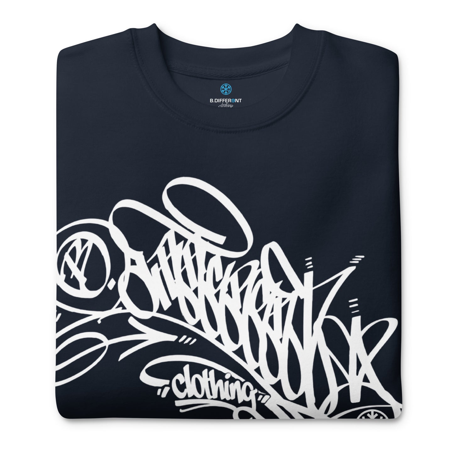 Navy-B.Different Clothing Graffiti Tag Sweatshirt from B.Different Clothing, folded, graffiti-inspired streetwear