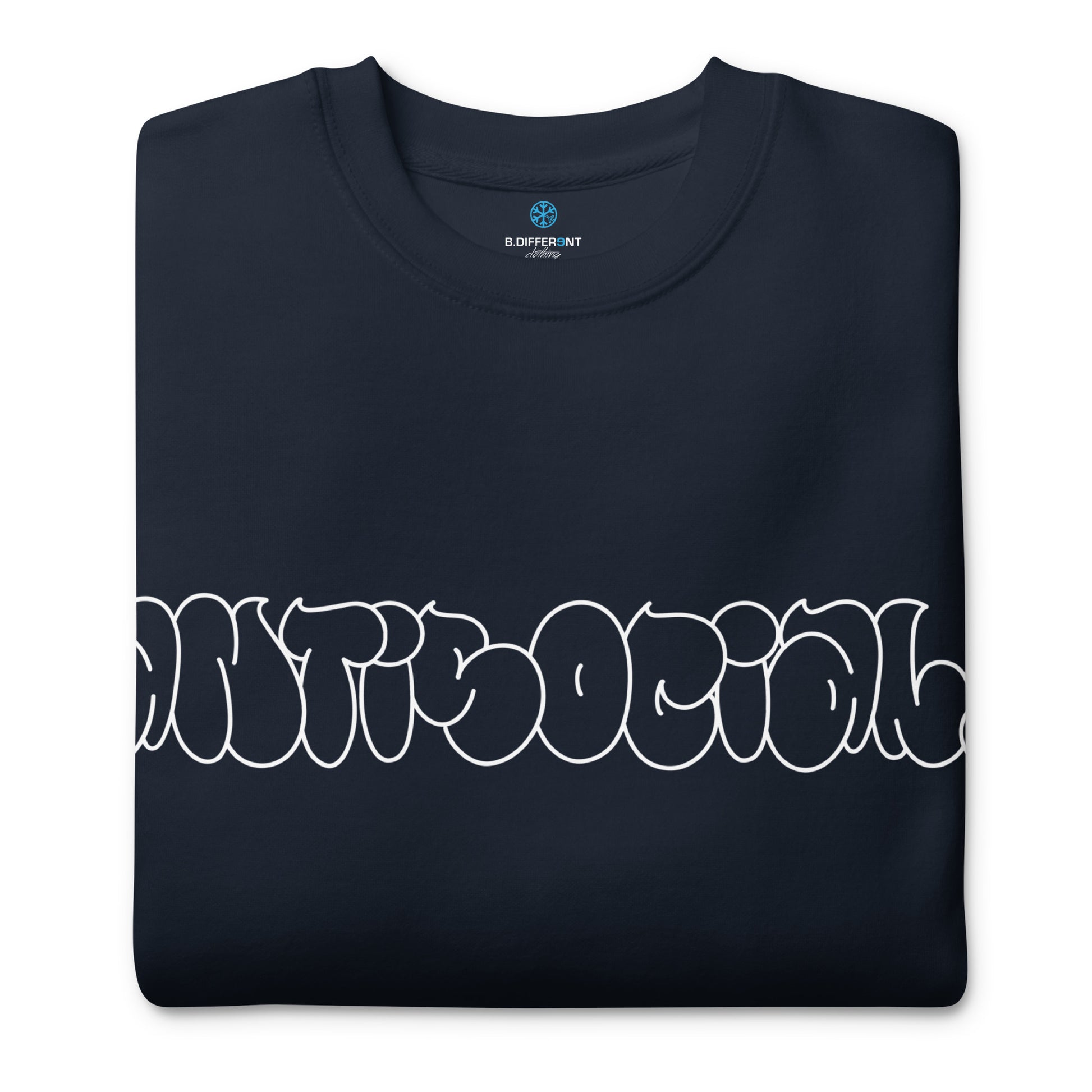 Navy-Antisocial Graffiti Hollow Sweatshirt from B.Different Clothing, folded, graffiti-inspired streetwear