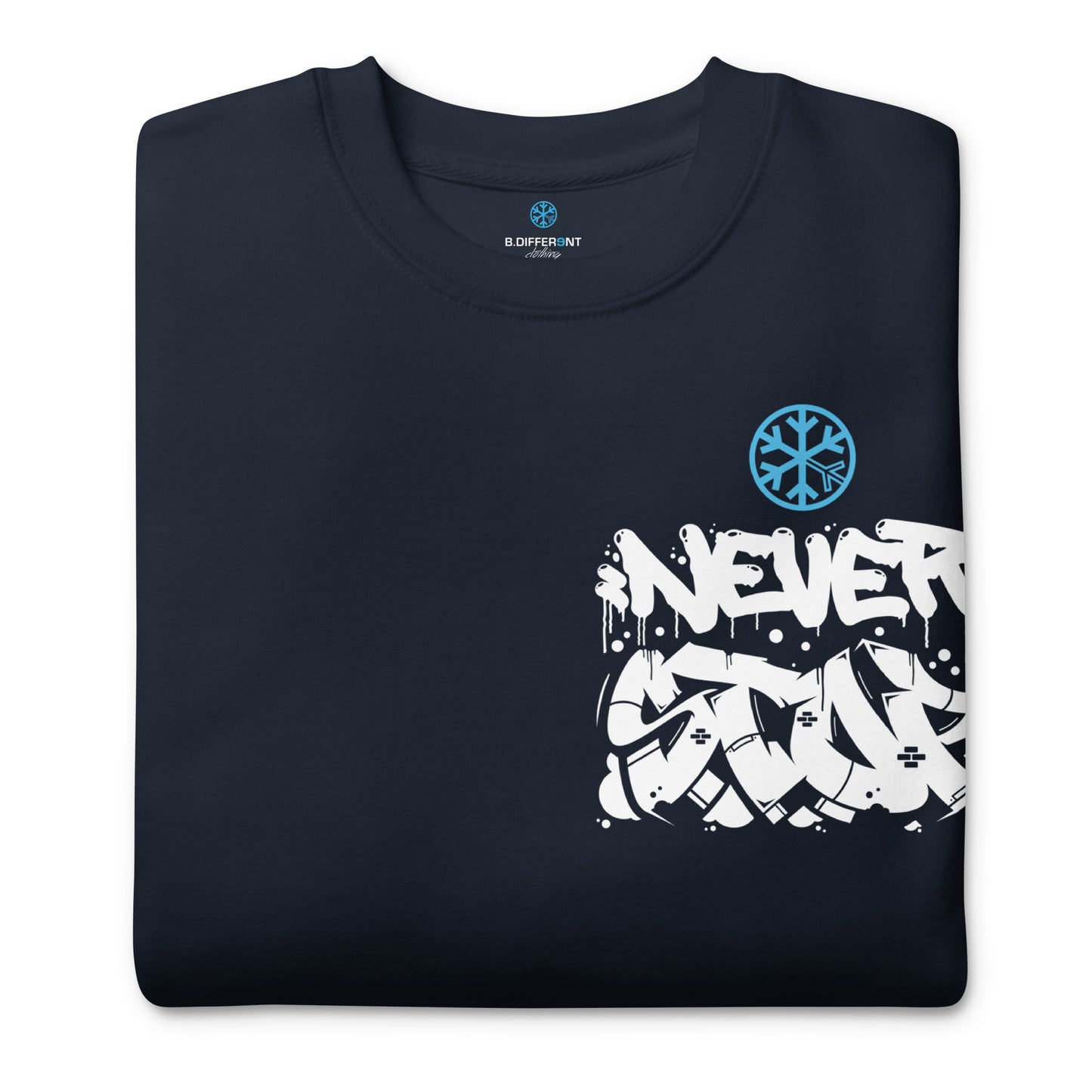 Navy-Never Stop Graffiti Character Sweatshirt from B.Different Clothing, folded, graffiti-inspired streetwear