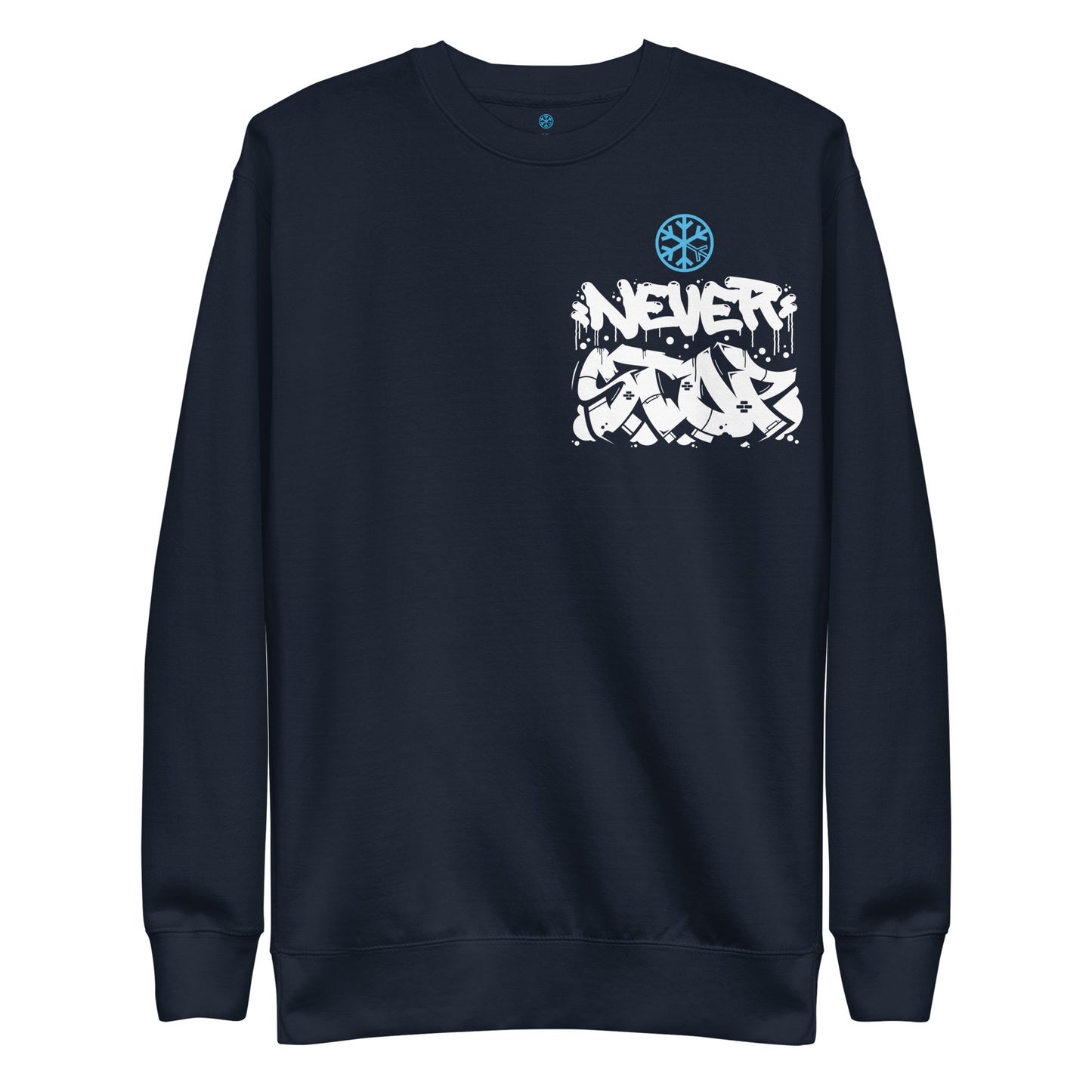 Navy-Never Stop Graffiti Character Sweatshirt from B.Different Clothing, front view, graffiti-inspired streetwear