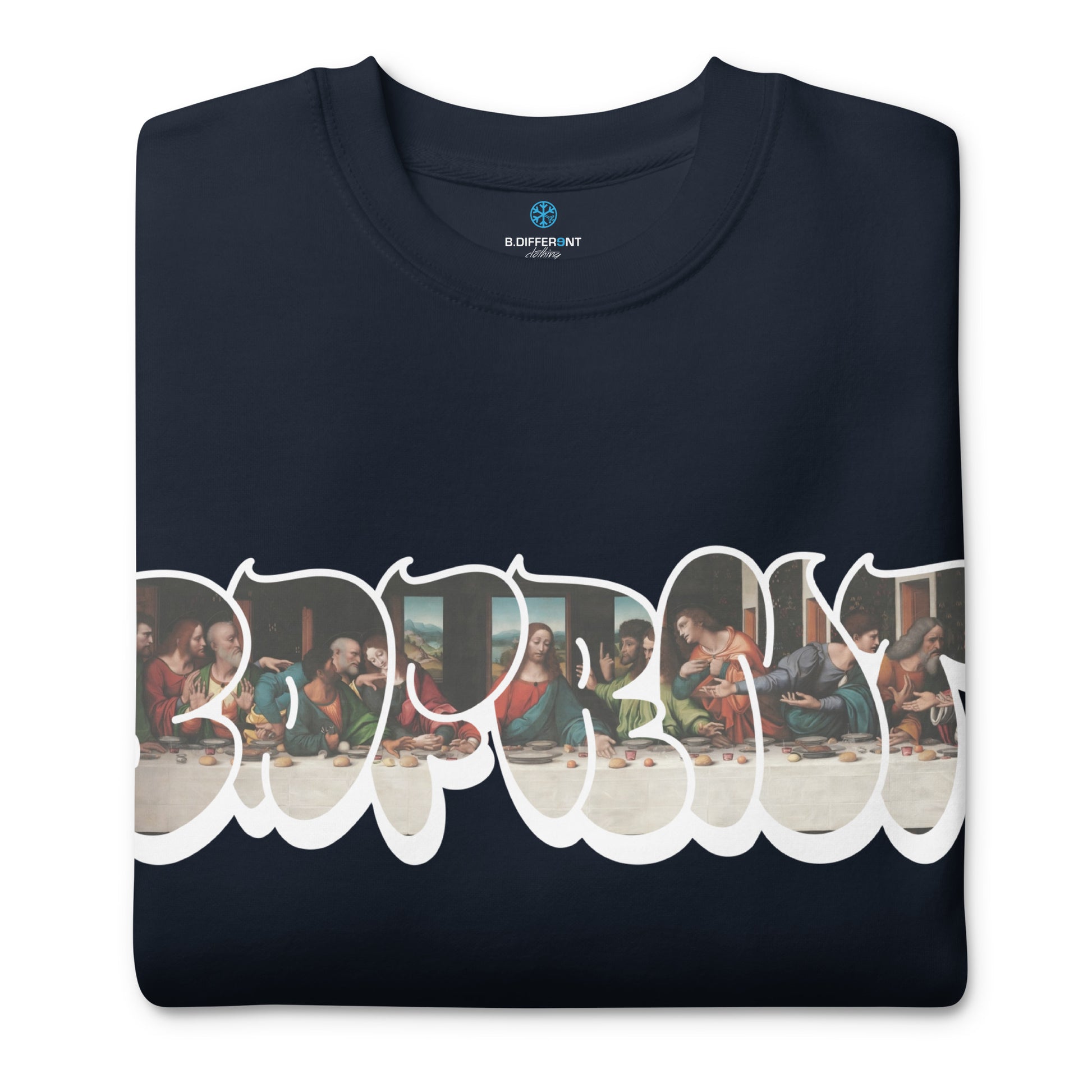 Navy-BDFRNT Throwie x Last Supper Graffiti Sweatshirt from B.Different Clothing, folded, graffiti-inspired streetwear