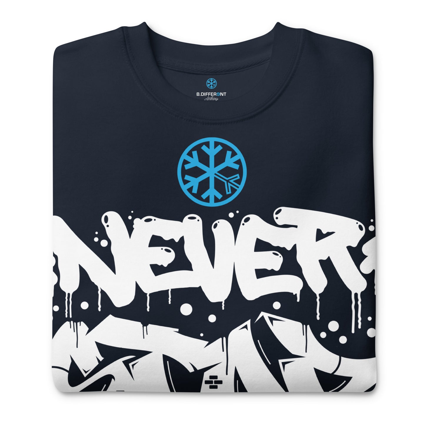 Navy-Never Stop Graffiti Piece Sweatshirt from B.Different Clothing, folded, graffiti-inspired streetwear