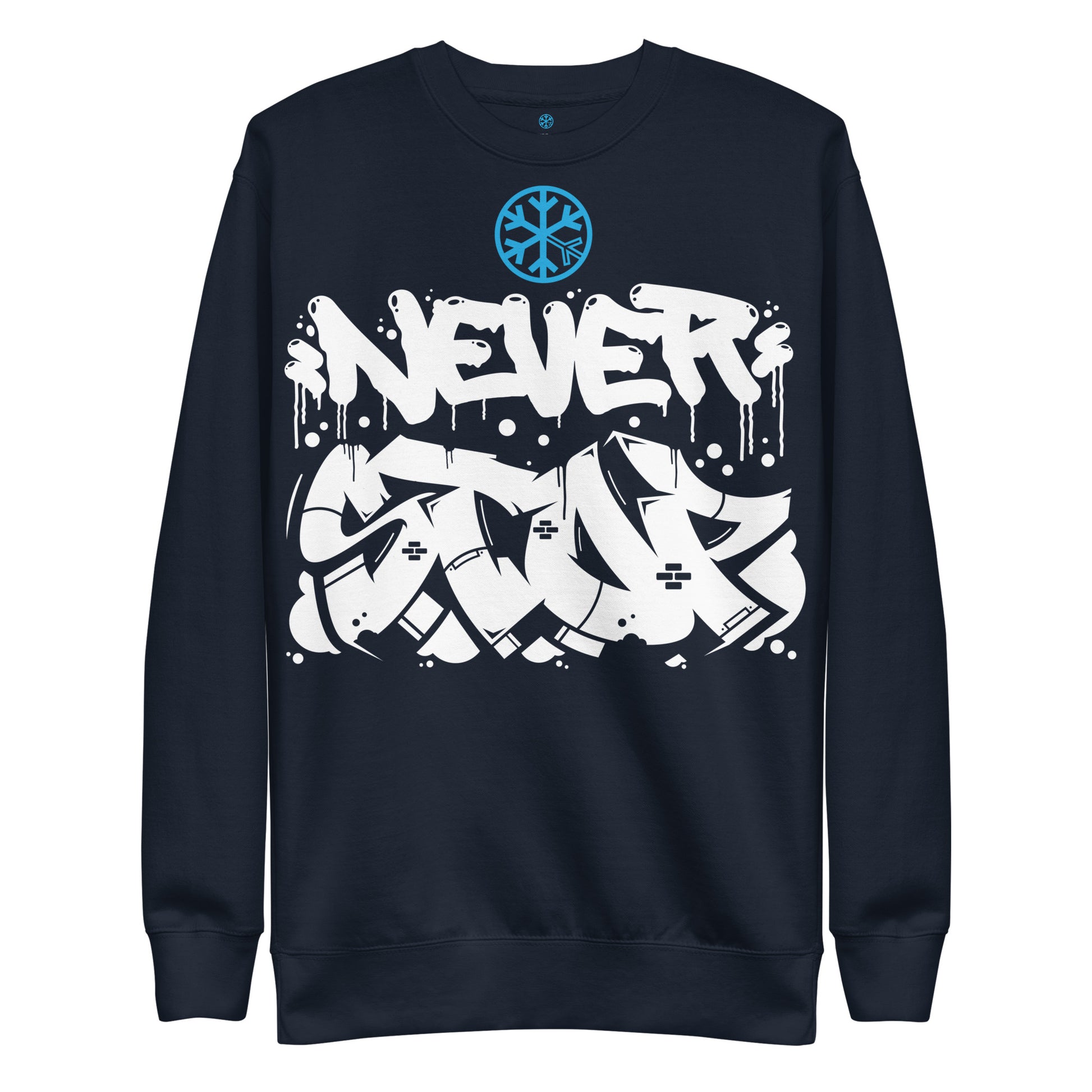 Navy-Never Stop Graffiti Piece Sweatshirt from B.Different Clothing, front view, graffiti-inspired streetwear