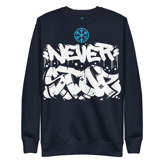 Navy-Never Stop Graffiti Piece Sweatshirt from B.Different Clothing, front view, graffiti-inspired streetwear