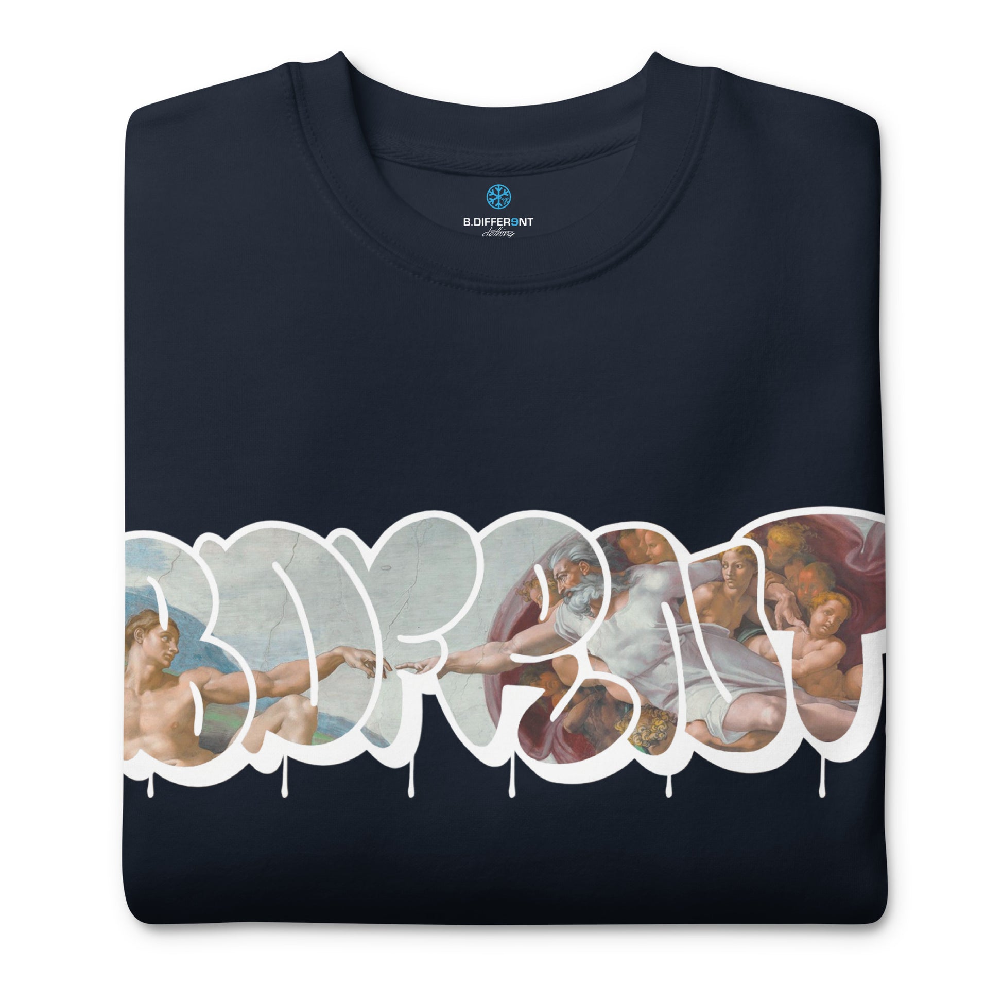 Navy-BDFRNT Throwie x Creation of Adam Graffiti Sweatshirt from B.Different Clothing, folded, graffiti-inspired streetwear