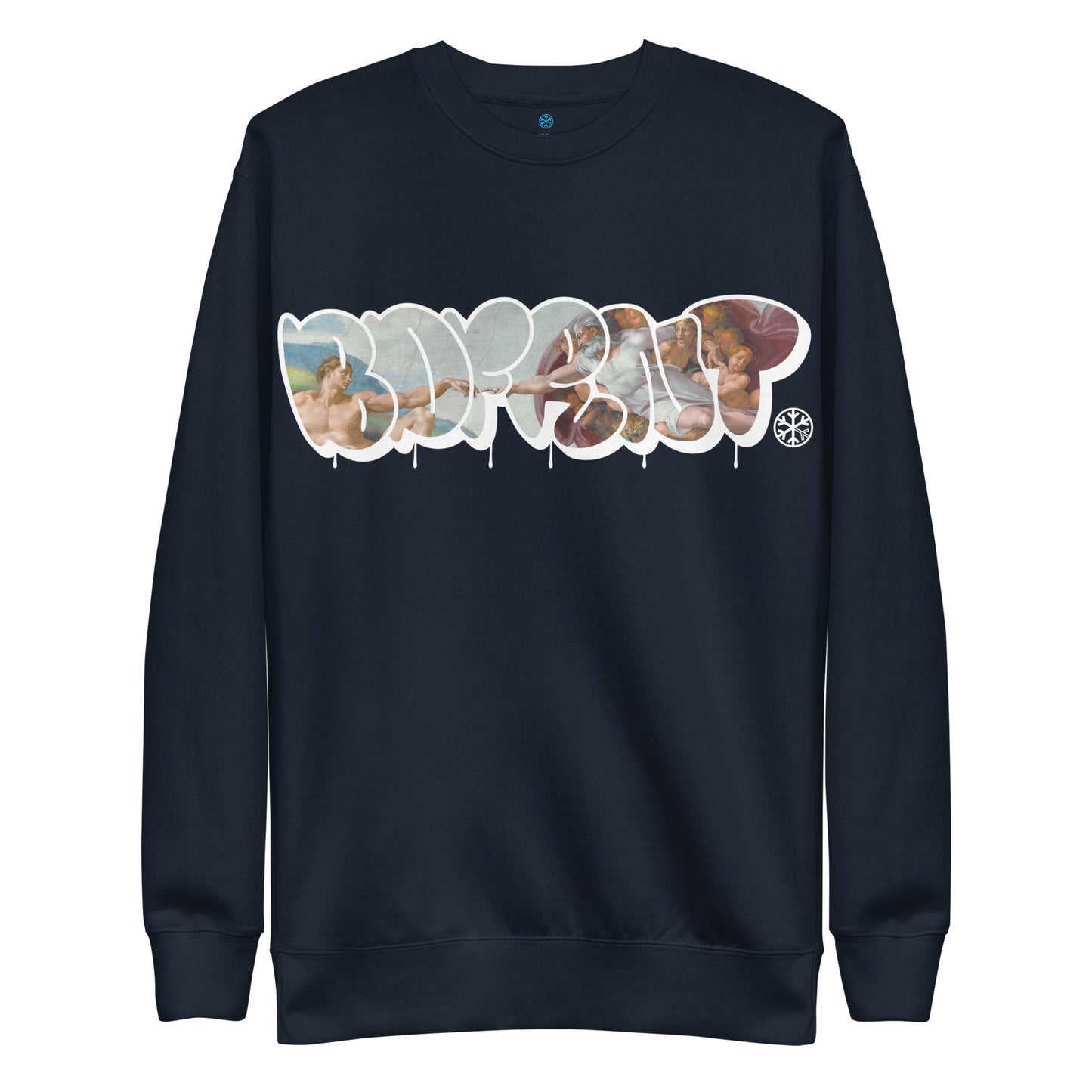 Navy-BDFRNT Throwie x Creation of Adam Graffiti Sweatshirt from B.Different Clothing, front view, graffiti-inspired streetwear