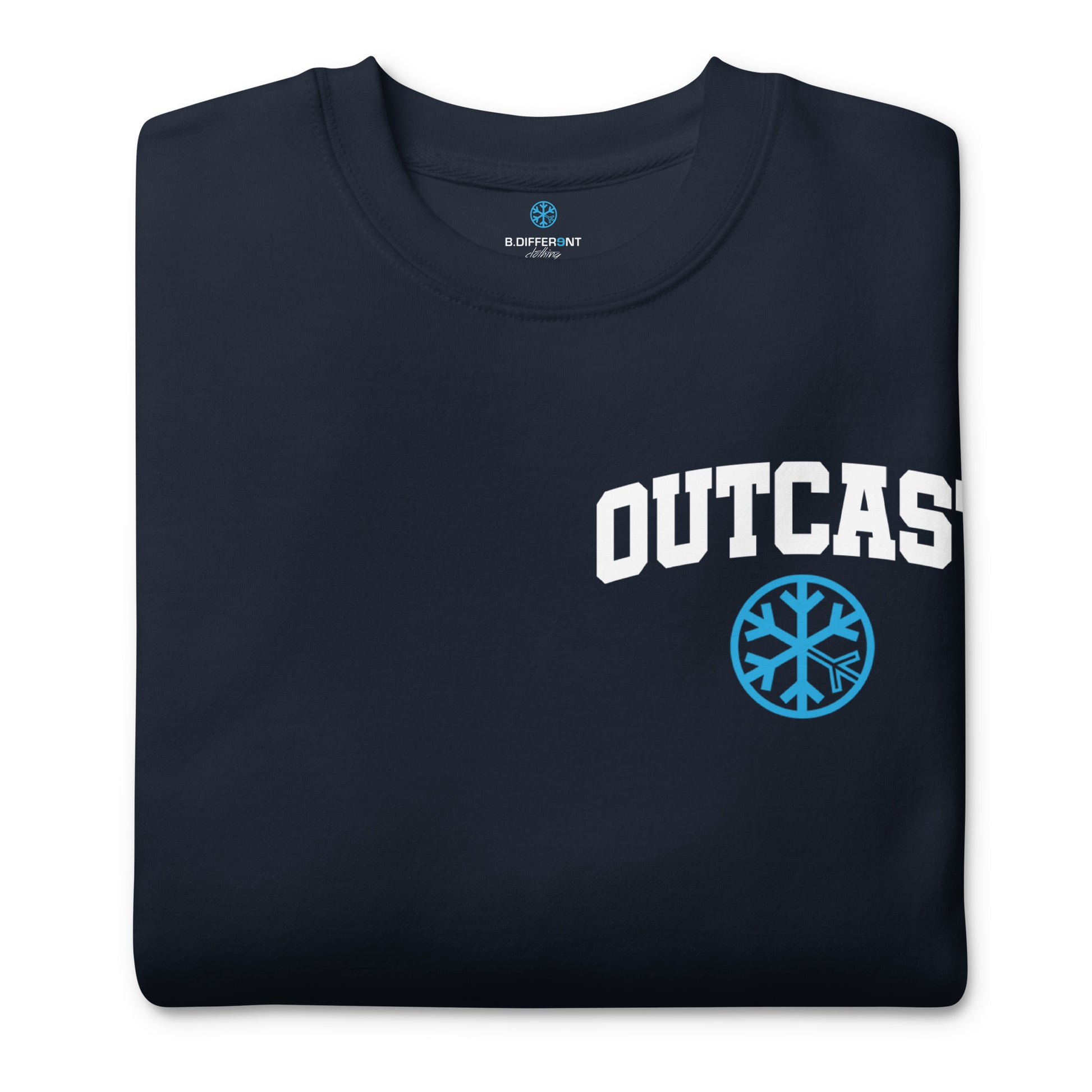 Navy-Outcast Graffiti Character Sweatshirt from B.Different Clothing, folded, graffiti-inspired streetwear