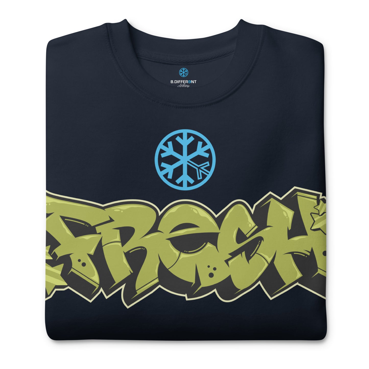 Navy-Fresh Graffiti Piece Sweatshirt from B.Different Clothing, folded, graffiti-inspired streetwear