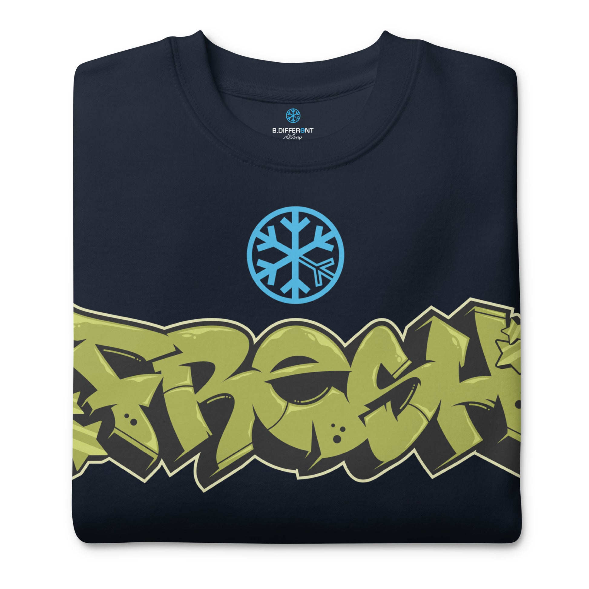 Navy-Fresh Graffiti Piece Sweatshirt from B.Different Clothing, folded, graffiti-inspired streetwear