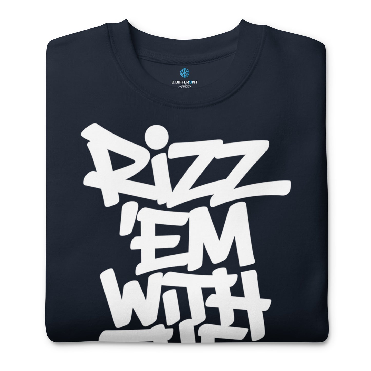 Navy-Rizz 'Em With The 'Tism Graffiti Sweatshirt from B.Different Clothing, folded, graffiti-inspired streetwear