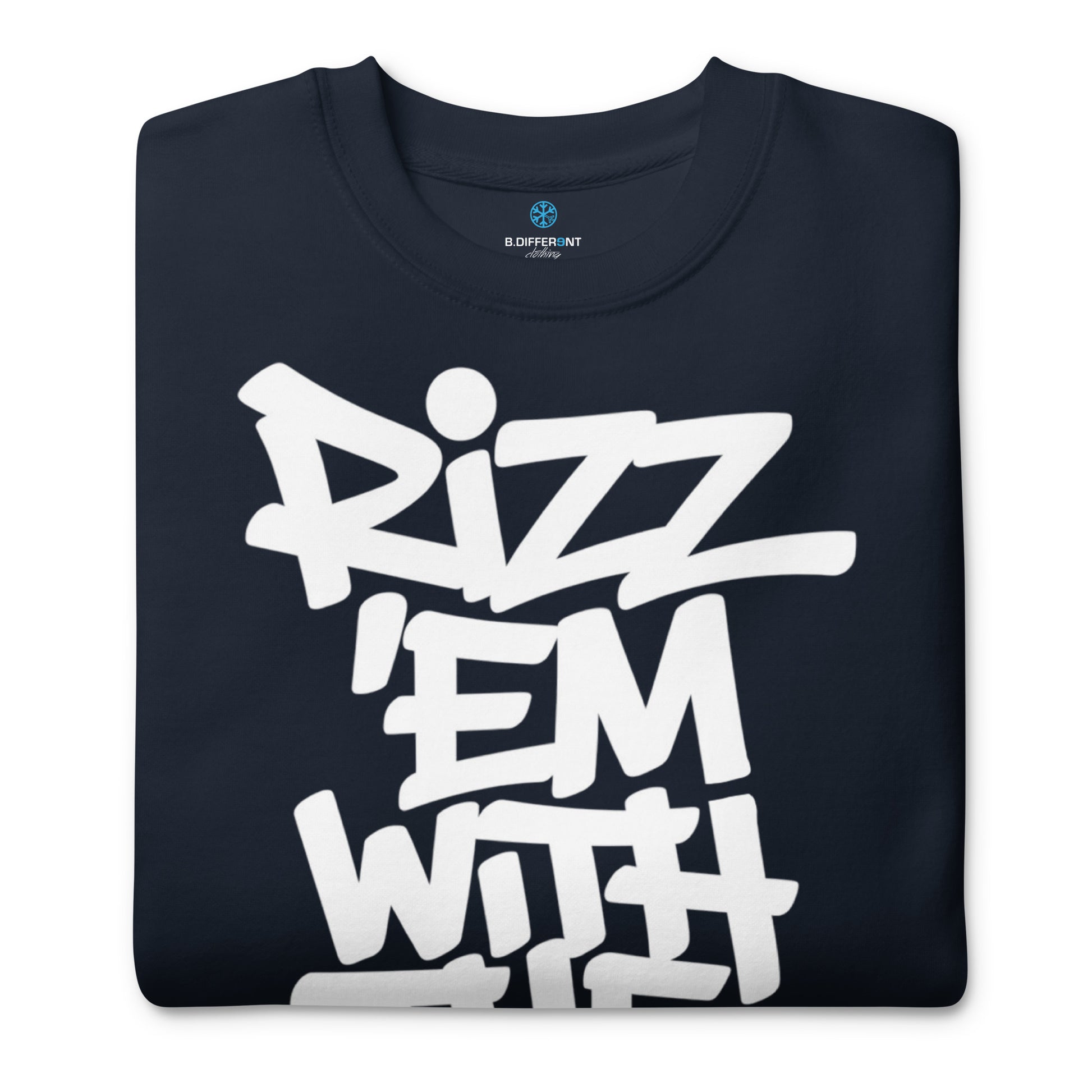 Navy-Rizz 'Em With The 'Tism Graffiti Sweatshirt from B.Different Clothing, folded, graffiti-inspired streetwear