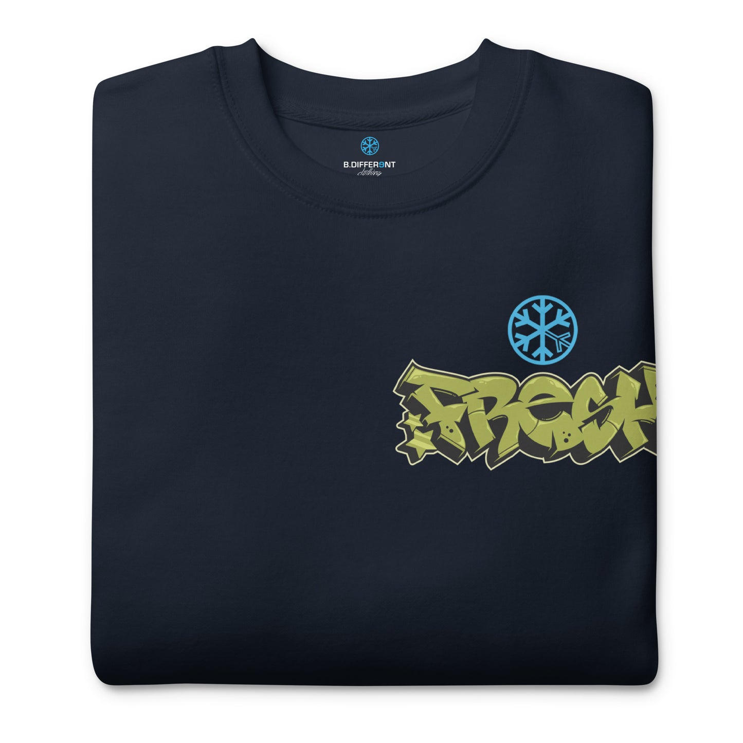 Navy-Fresh Graffiti Character Sweatshirt from B.Different Clothing, folded, graffiti-inspired streetwear