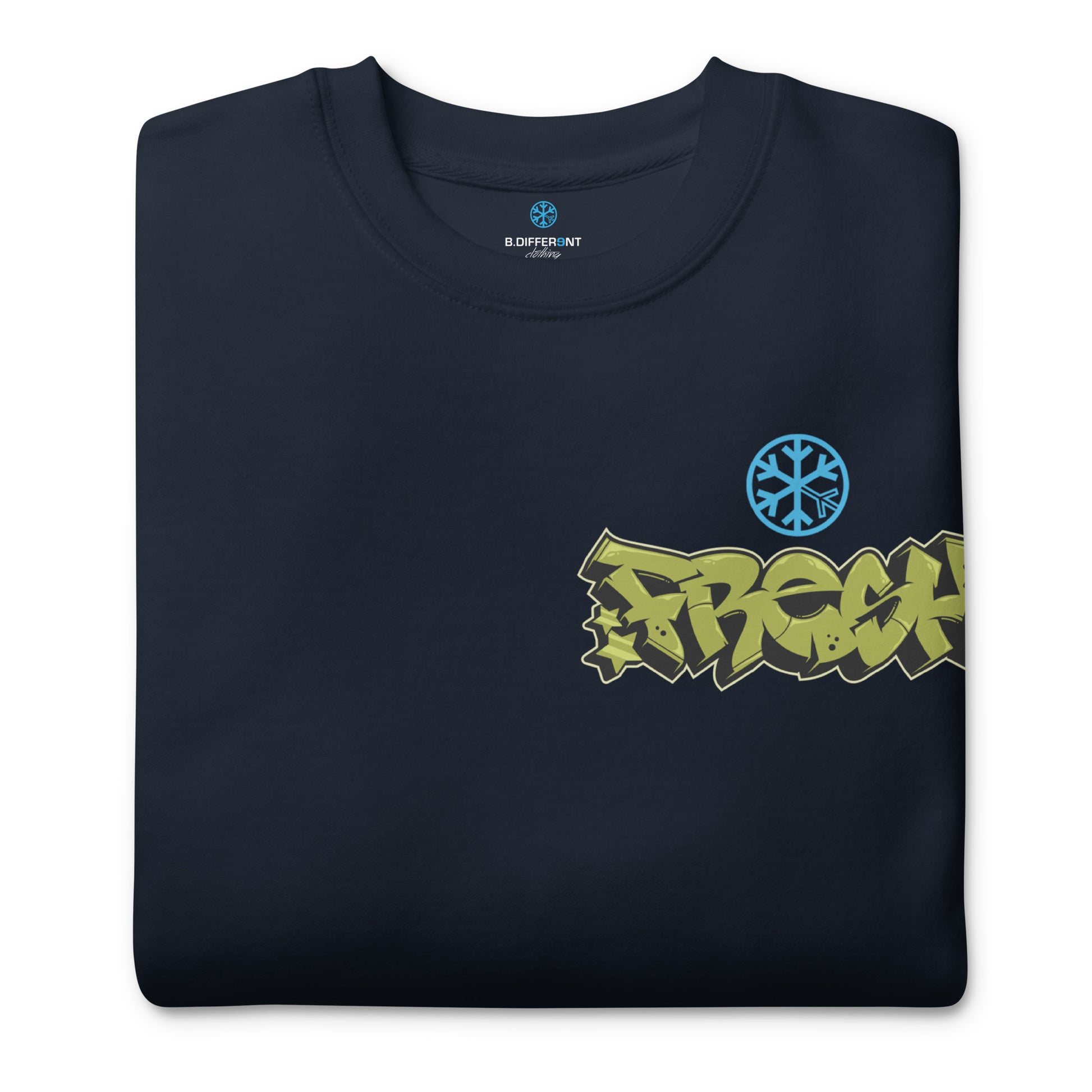 Navy-Fresh Graffiti Character Sweatshirt from B.Different Clothing, folded, graffiti-inspired streetwear