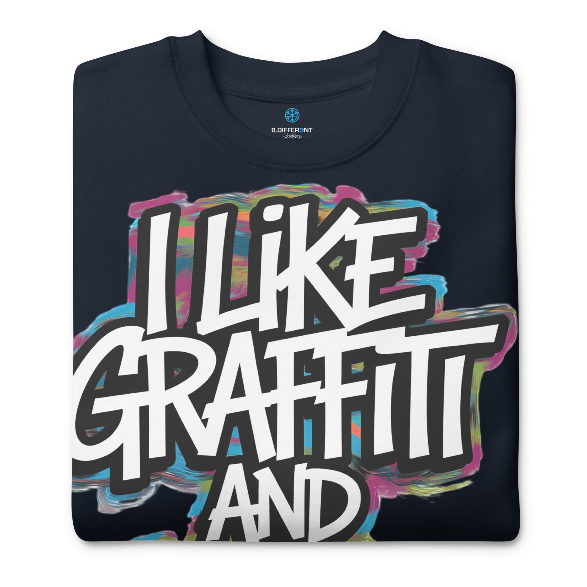 Navy-I Like Graffiti and Maybe 2 People Sweatshirt from B.Different Clothing, folded, graffiti-inspired streetwear