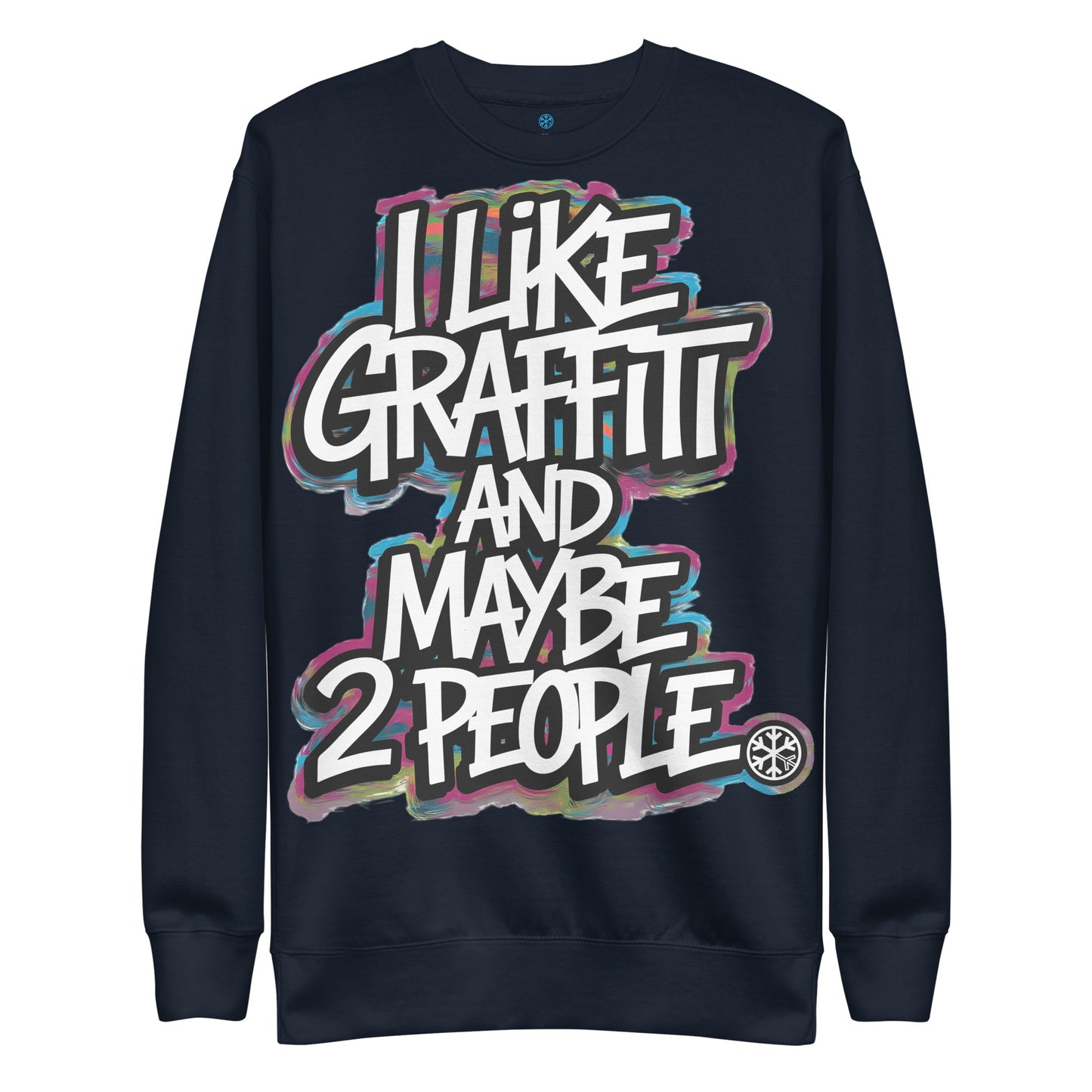 Navy-I Like Graffiti and Maybe 2 People Sweatshirt from B.Different Clothing, front view, graffiti-inspired streetwear