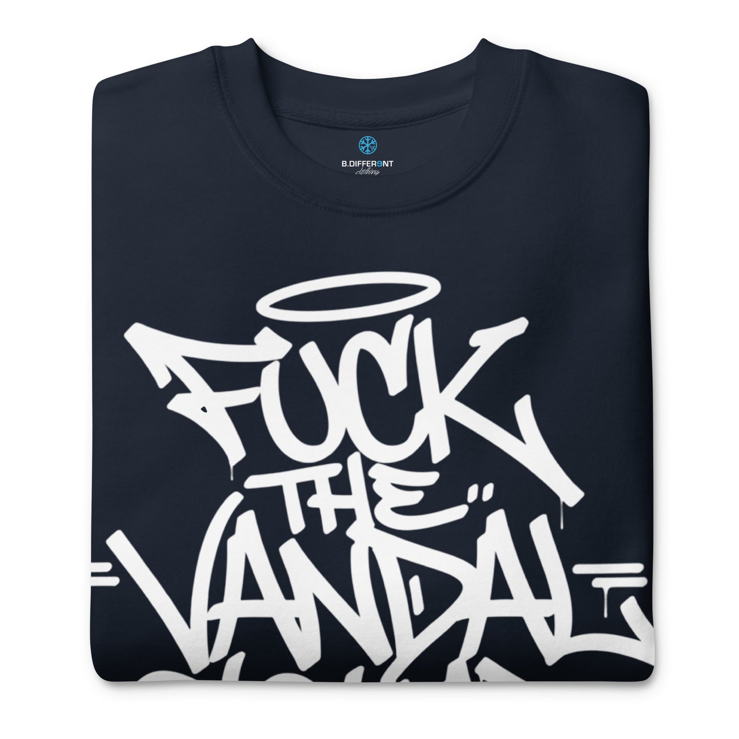 Navy-Fuck The Vandal Squad Graffiti Sweatshirt from B.Different Clothing, folded, graffiti-inspired streetwear