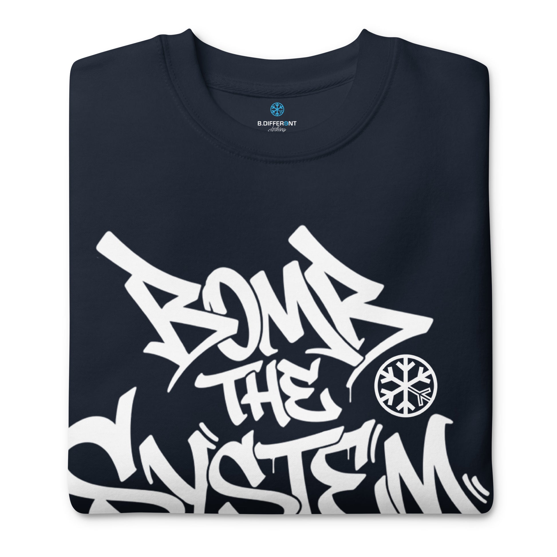 Navy-Bomb The System Graffiti Sweatshirt from B.Different Clothing, folded, graffiti-inspired streetwear