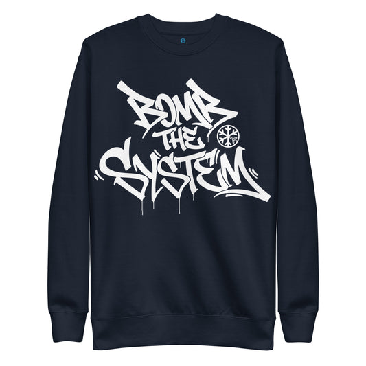 Navy-Bomb The System Graffiti Sweatshirt from B.Different Clothing, front view, graffiti-inspired streetwear