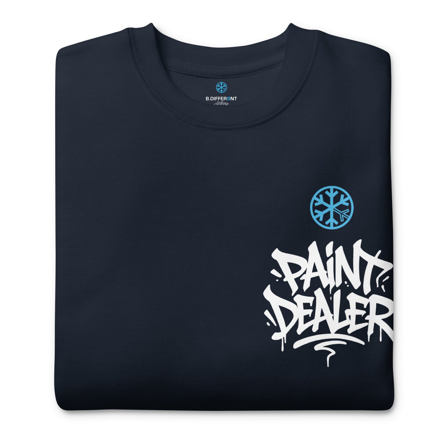 Navy-Paint Dealer Graffiti Character Sweatshirt from B.Different Clothing, folded, graffiti-inspired streetwear