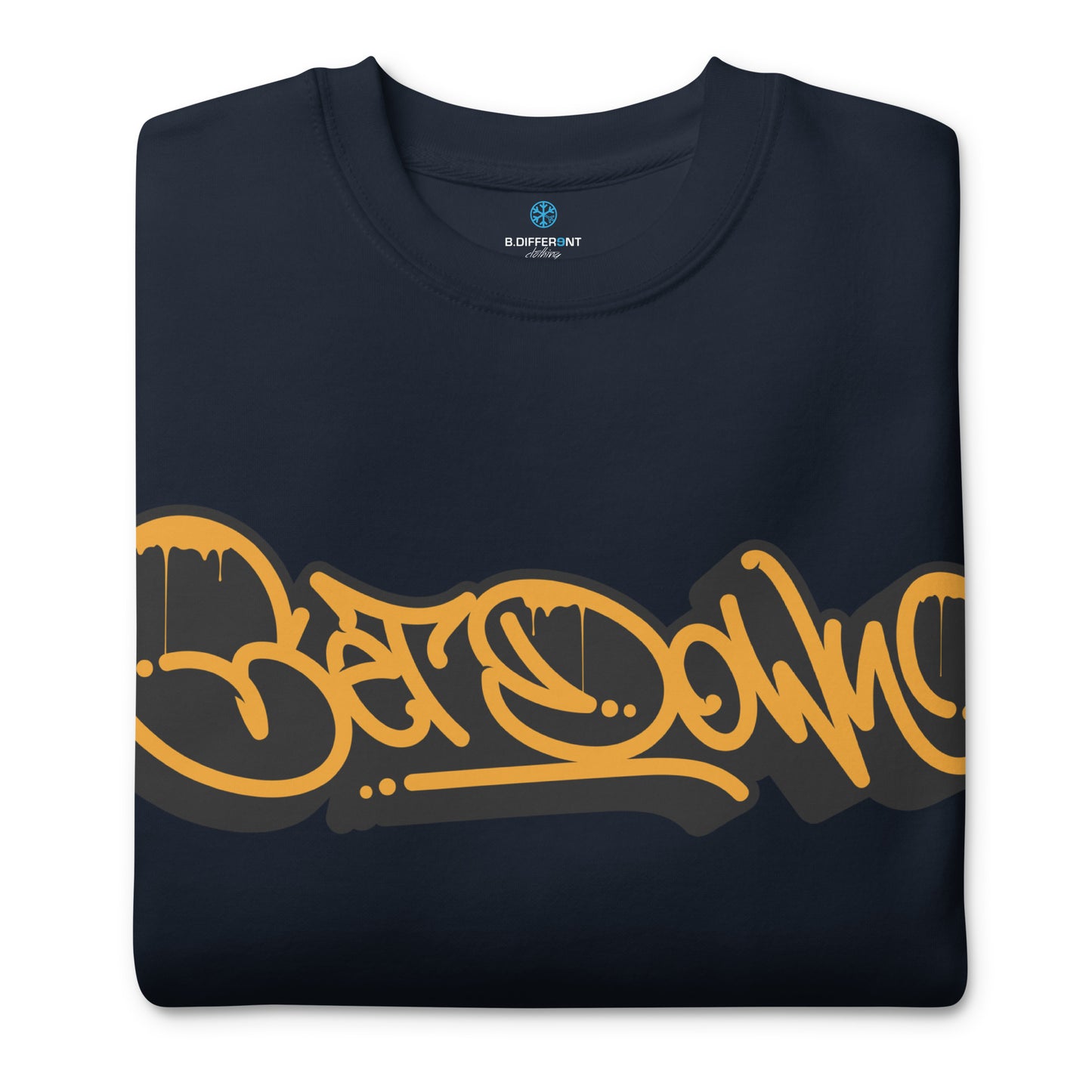 Navy-Get Down Graffiti Tag Sweatshirt from B.Different Clothing, folded, graffiti-inspired streetwear