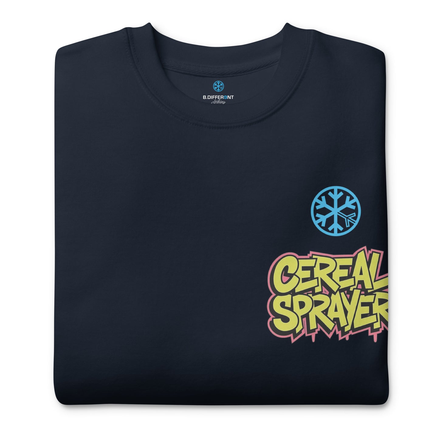 Navy-Cereal Sprayer Graffiti Sweatshirt from B.Different Clothing, folded, graffiti-inspired streetwear