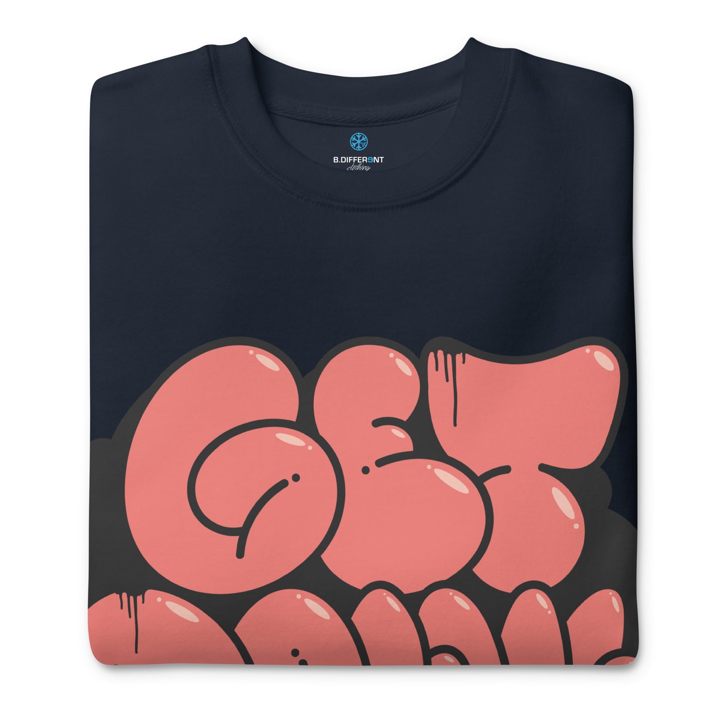 Navy-Get Down Graffiti Throw-up Sweatshirt from B.Different Clothing, folded, graffiti-inspired streetwear