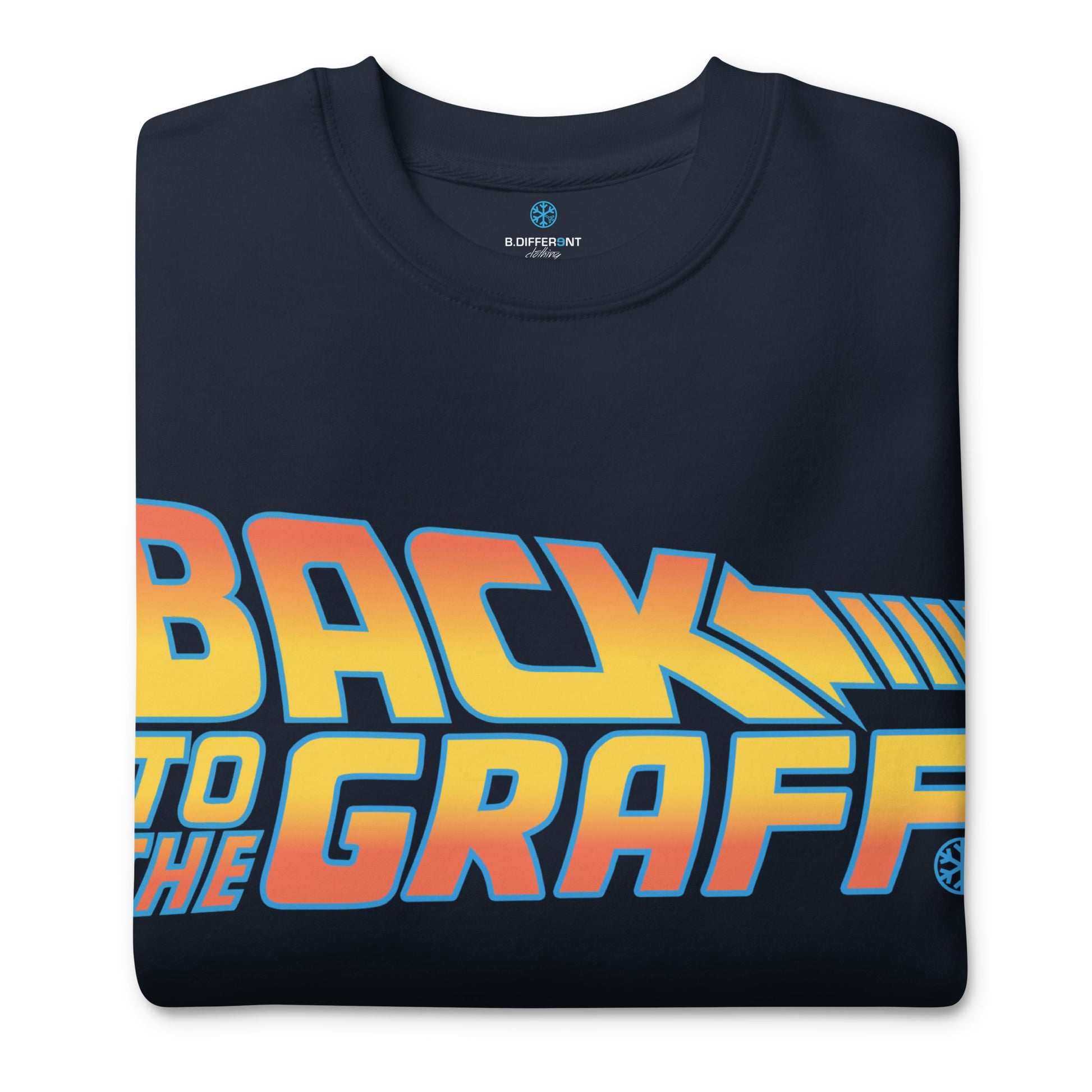 Navy-Back to the Graff Sweatshirt from B.Different Clothing, folded, graffiti-inspired streetwear