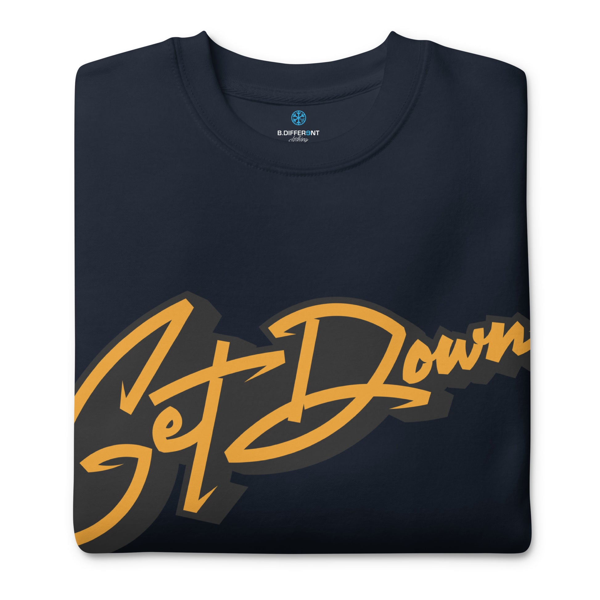 Navy-Get Down Graffiti Tag Sweatshirt from B.Different Clothing, folded, graffiti-inspired streetwear