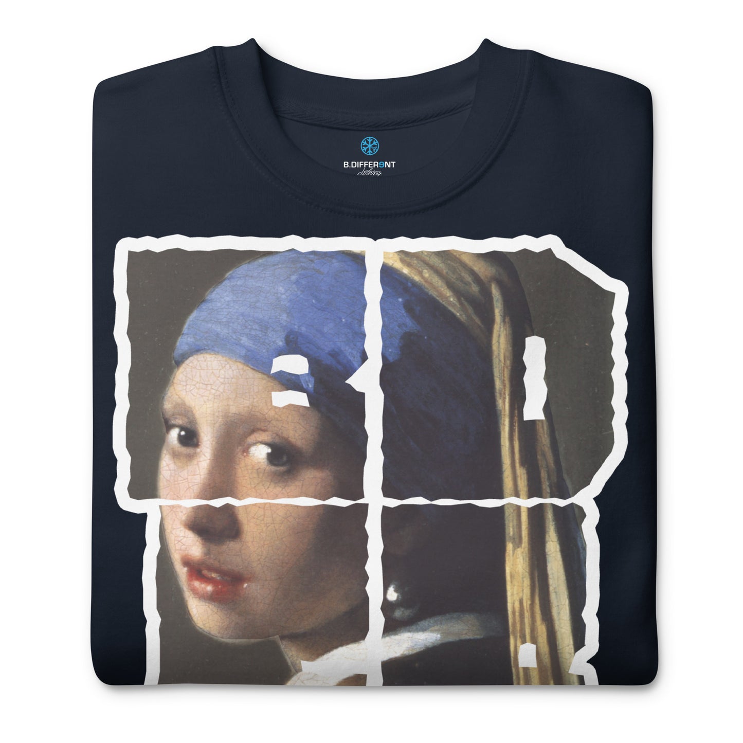 Navy-BDFRNT Throwie x Girl With Pearl Earring Graffiti Sweatshirt from B.Different Clothing, folded, graffiti-inspired streetwear