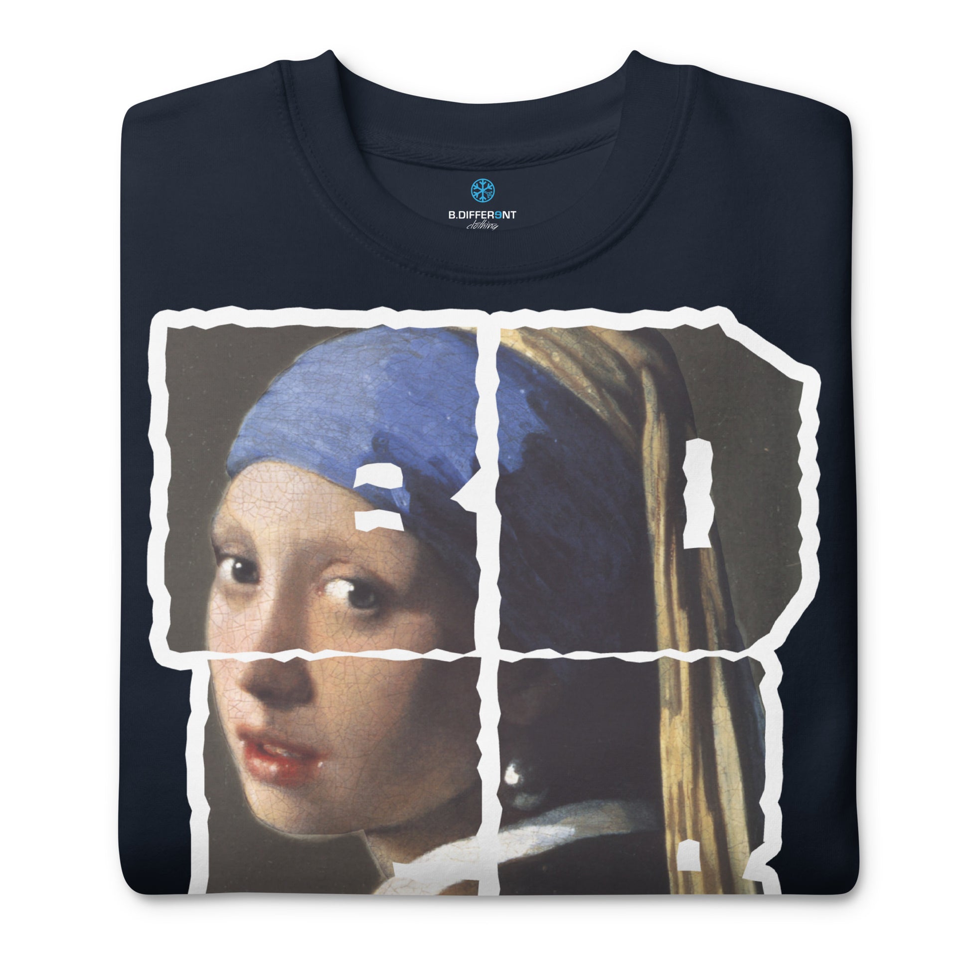 Navy-BDFRNT Throwie x Girl With Pearl Earring Graffiti Sweatshirt from B.Different Clothing, folded, graffiti-inspired streetwear